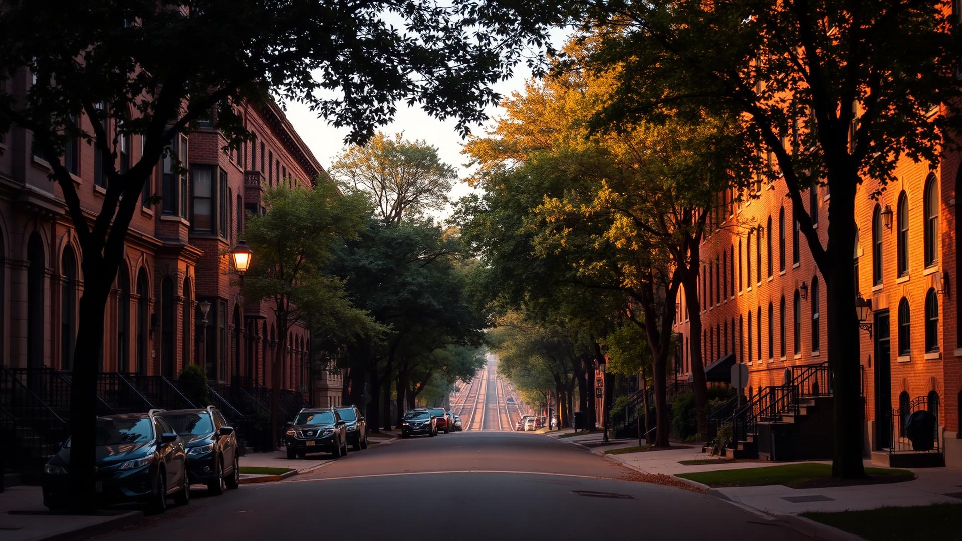 Tree-lined residential street on Chicago's North Side at sunset